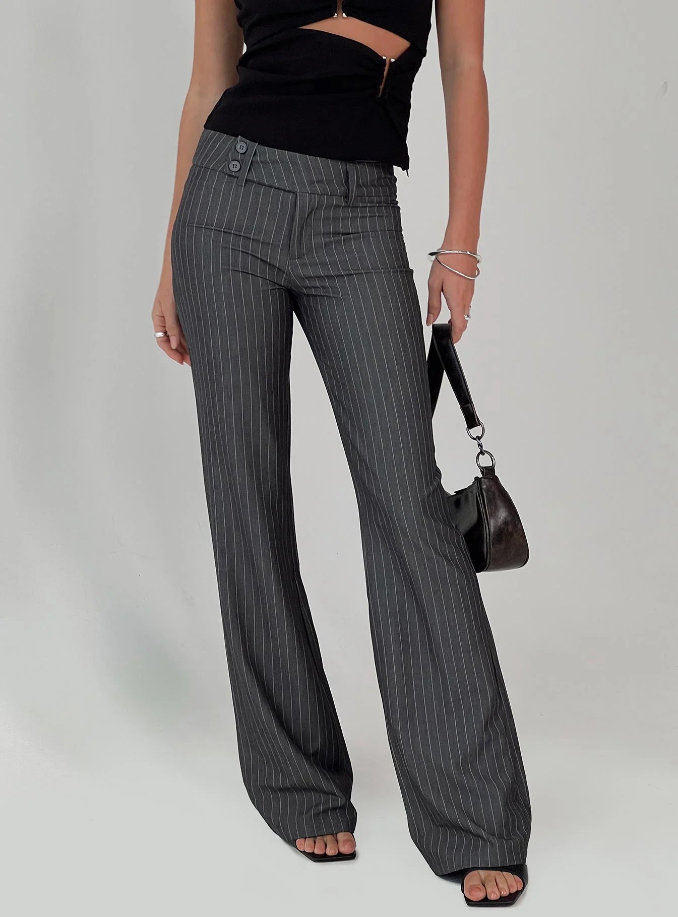 Tailored Slight Flared Striped Pants in Black