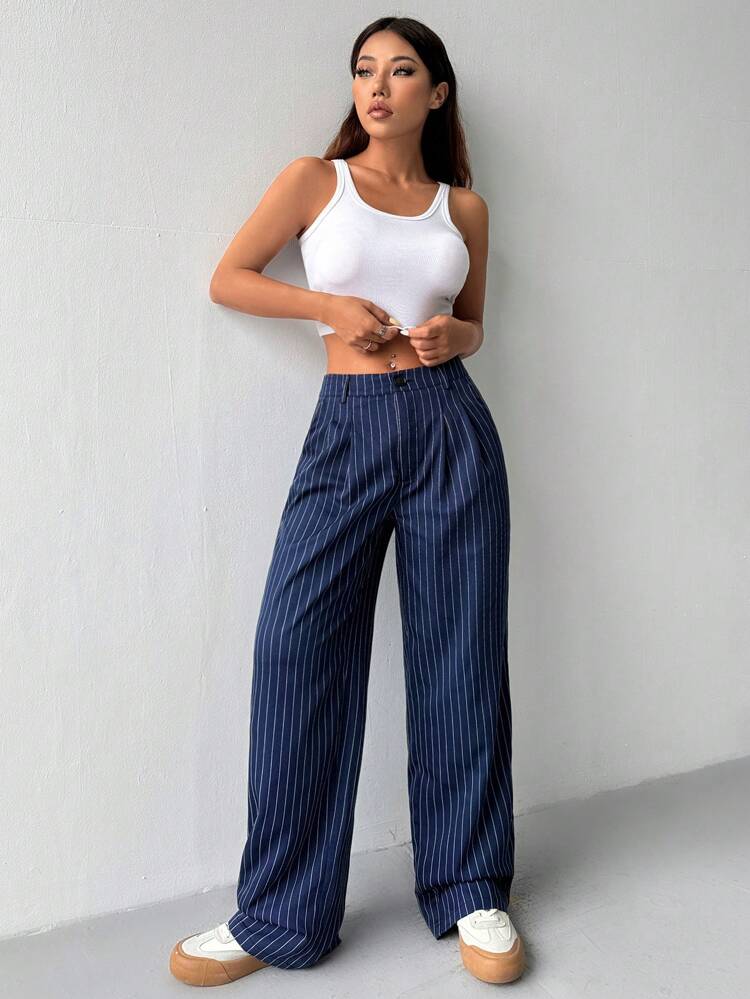 Tailored Loose Fit Striped Pants in Blue