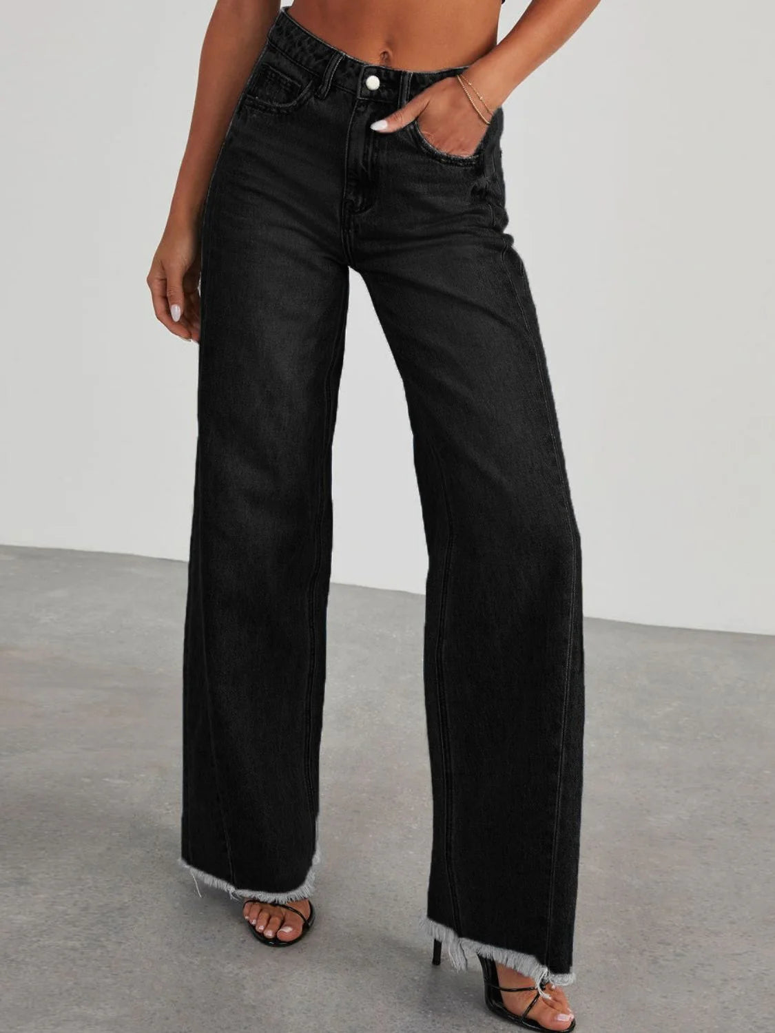 High Rise Raw Hem Jeans in Black