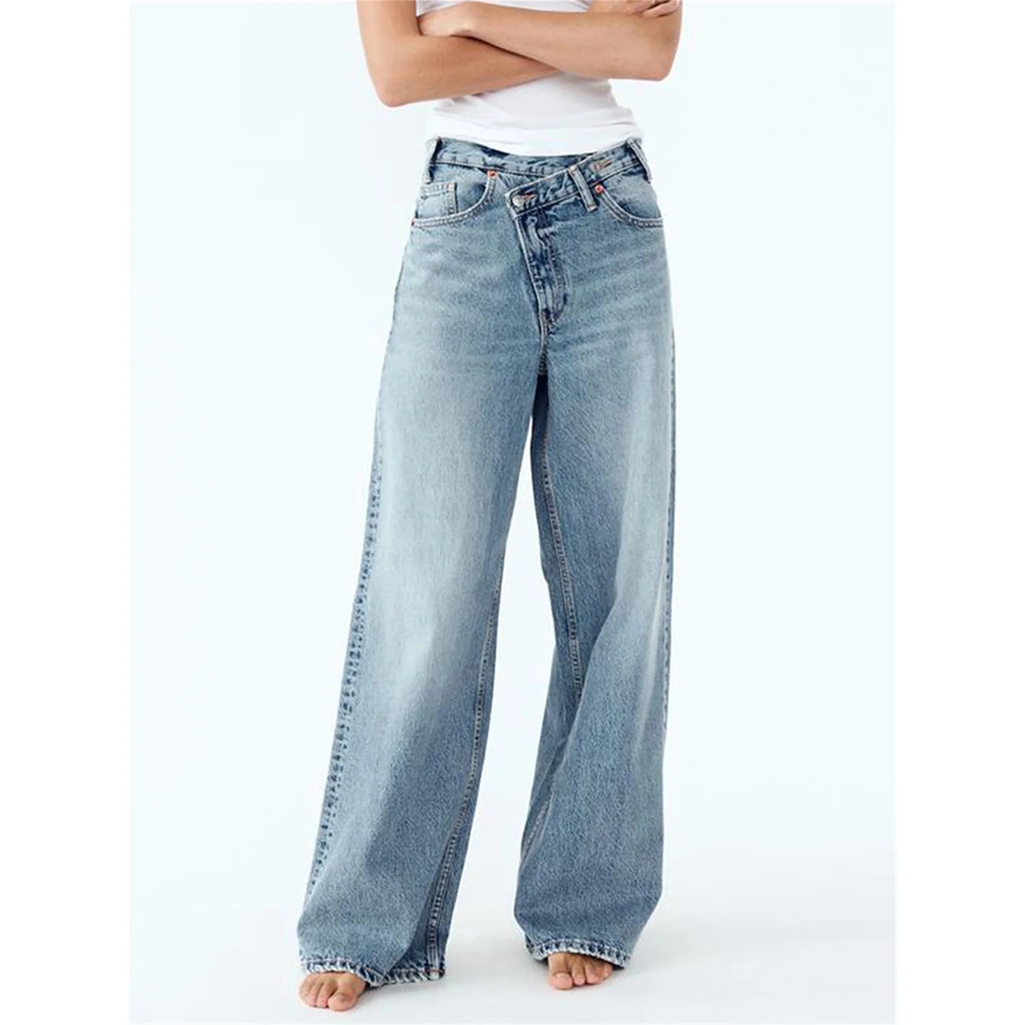 High Rise Baggy Cross Over Jeans in Light Blue