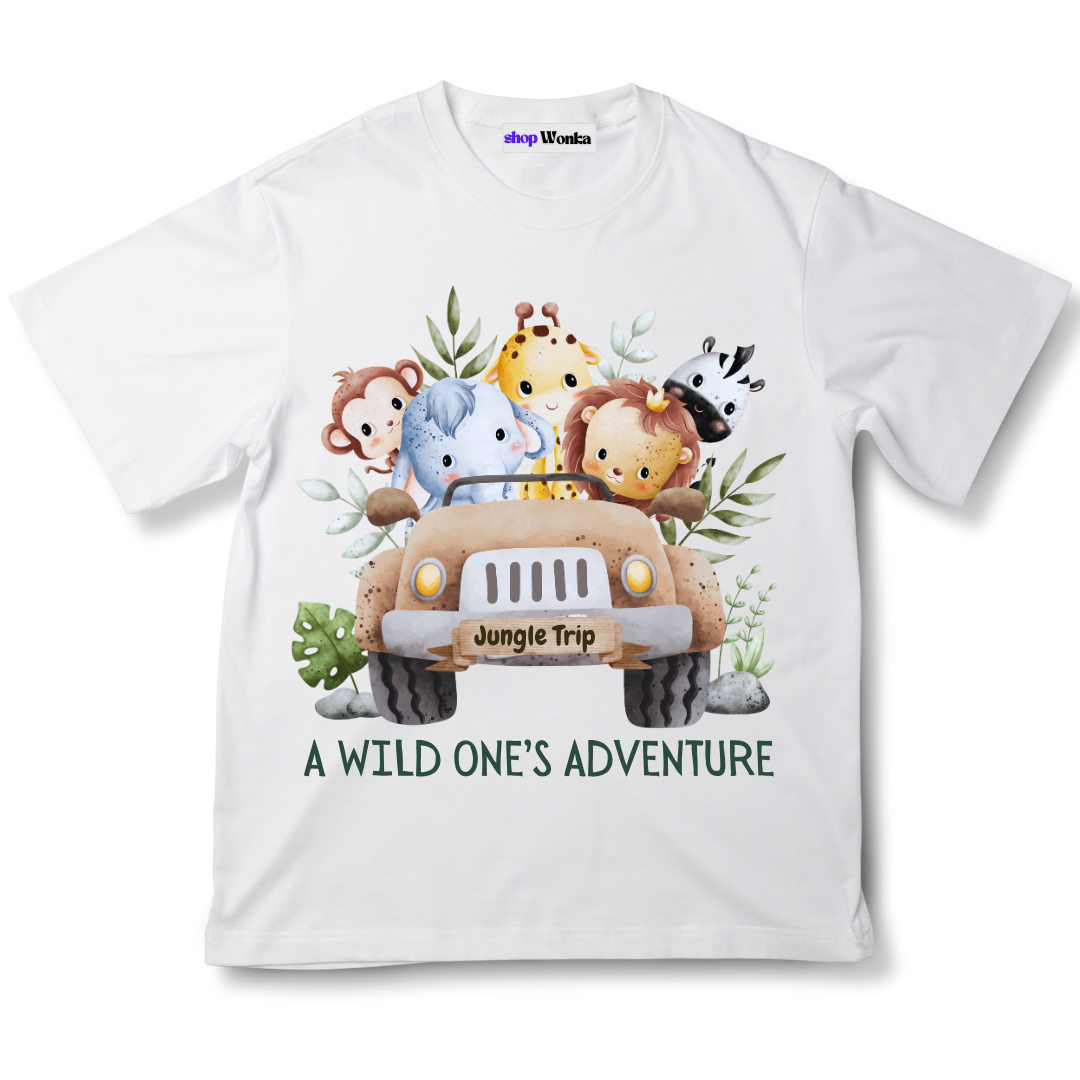 Wild one's adventure, 100% cotton, customisable t-shirt for kids, cartoon animals
