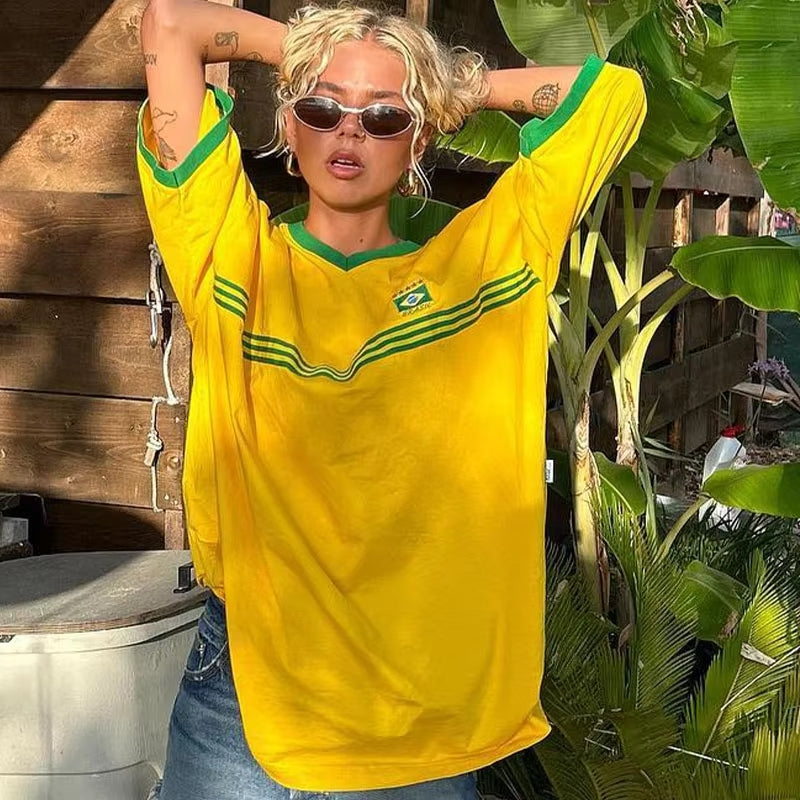 Women Summer Brazil Soccer Jersey Embroidery Yellow T-Shirt Casual Oversize Loose Tops Y2K Hip-Hop Sport Clothing