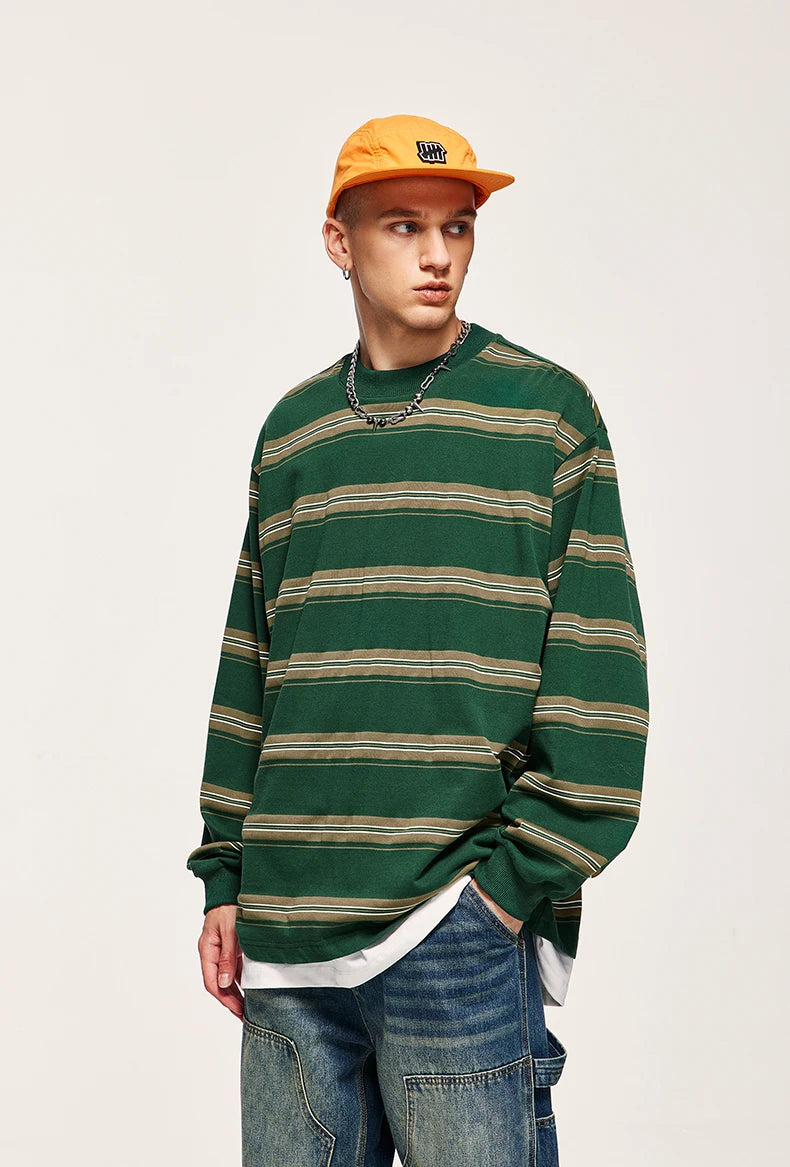 Classic Japanese Retro Striped Sweatshirt, Oversized Sweatshirts, Men's Sweatshirts