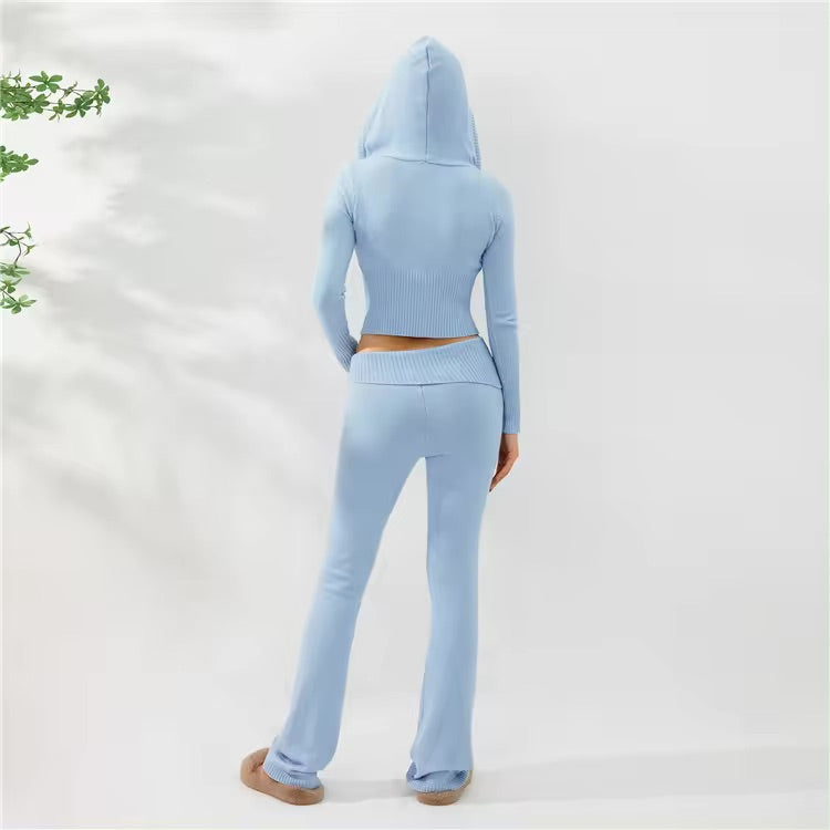 Solid Knitted Tracksuit- Zipper Hooded Jacket & Flare Pants