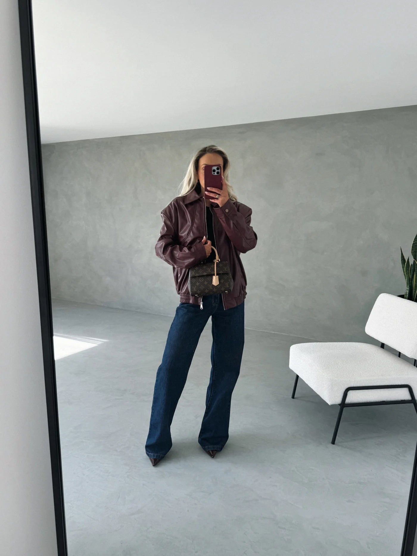 Burgundy Collar faux leather Jacket