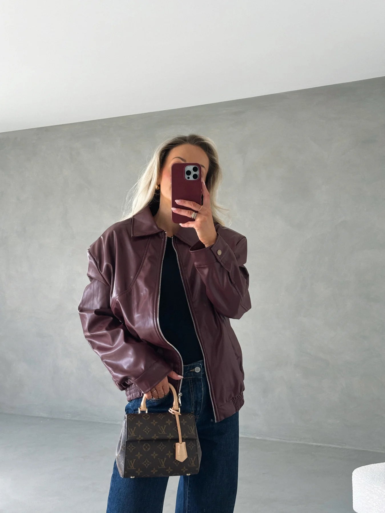 Burgundy Collar faux leather Jacket