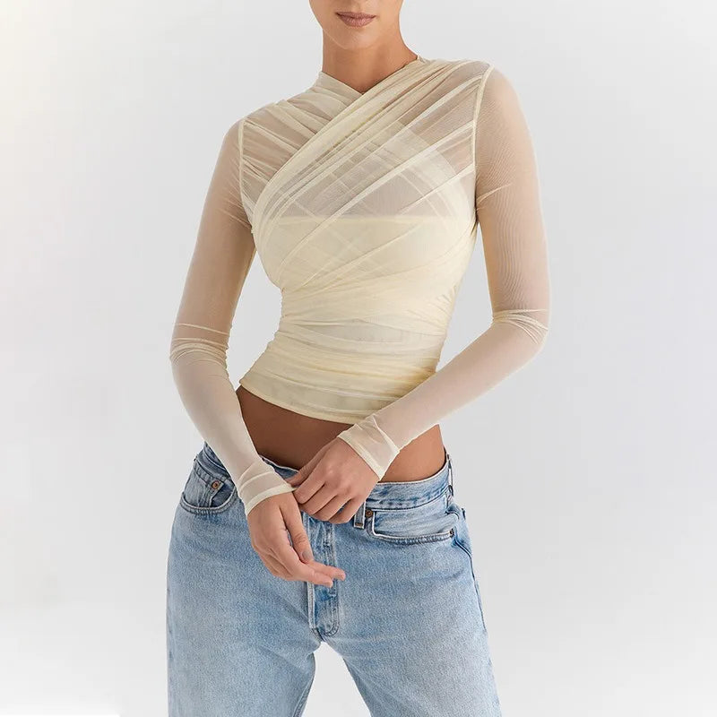 See through white tops for women, v neck mesh top, back zipper long sleeve top
