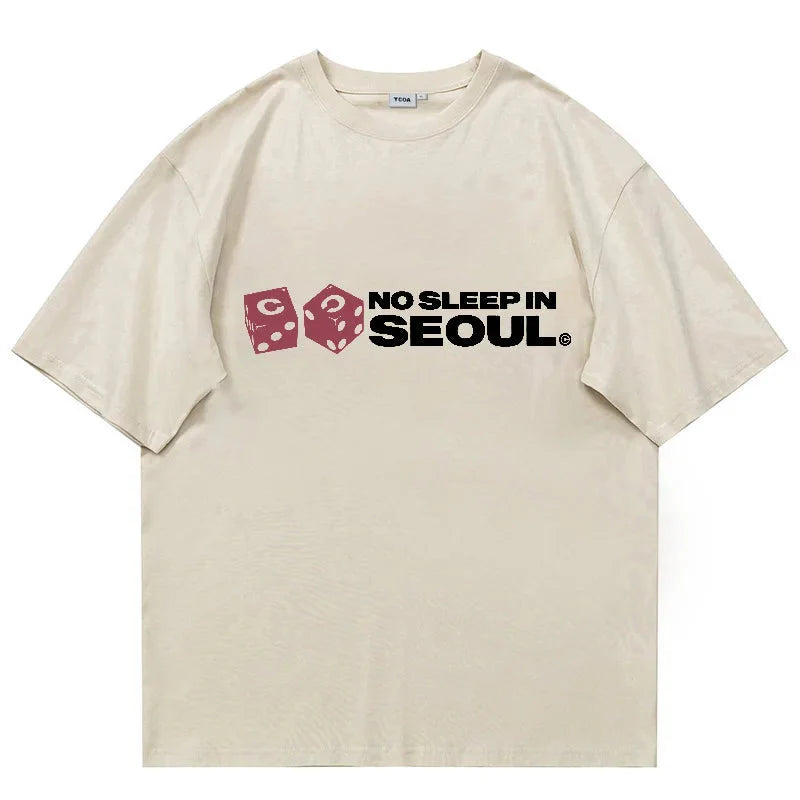 "Loose fit Y2K graphic t-shirt featuring the bold 'No Sleep In Seoul' slogan, with vibrant colors and an urban-inspired design, perfect for a relaxed, streetwear look."