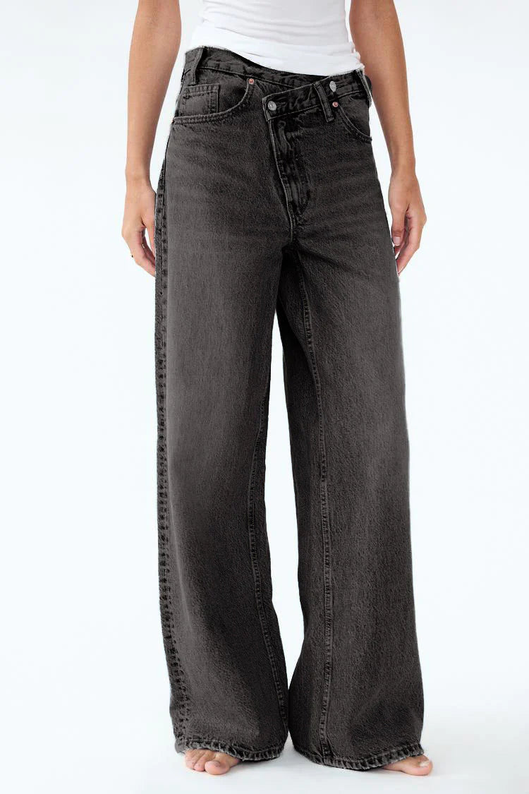 High Rise Baggy Cross Over Jeans in Black
