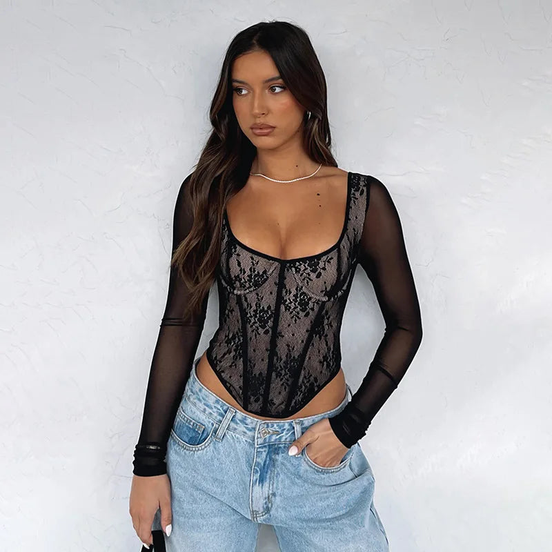 Floral Lace Low Cut Long Sleeve Top