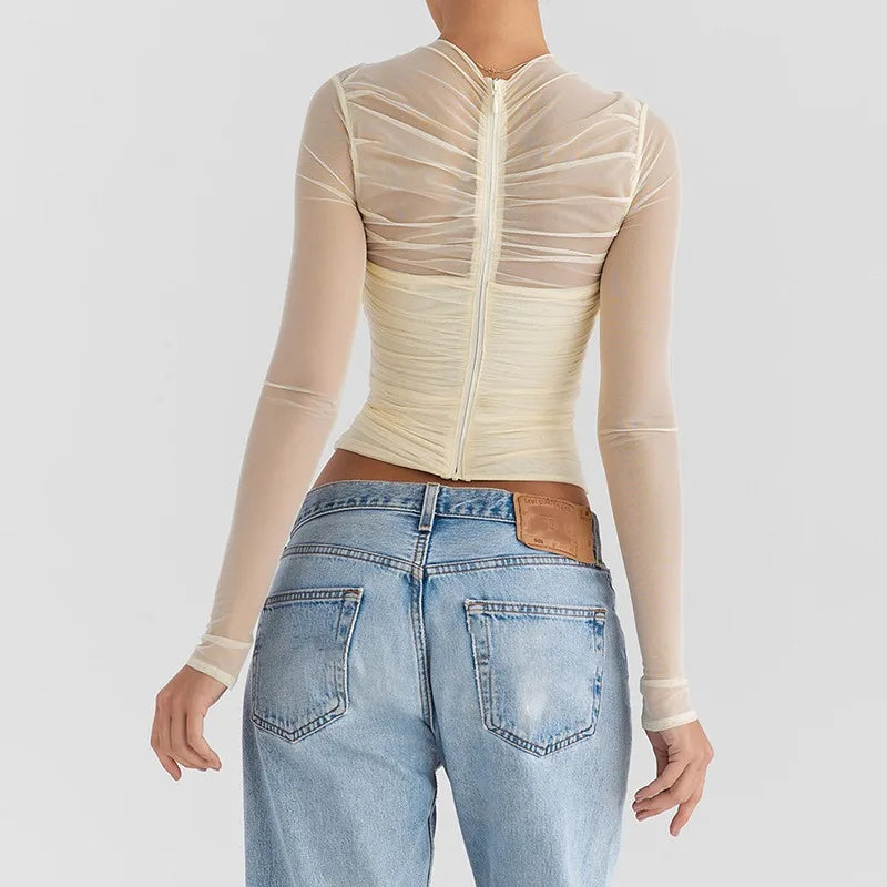 Mesh V-Neck & Back Zipper Long Sleeve Top