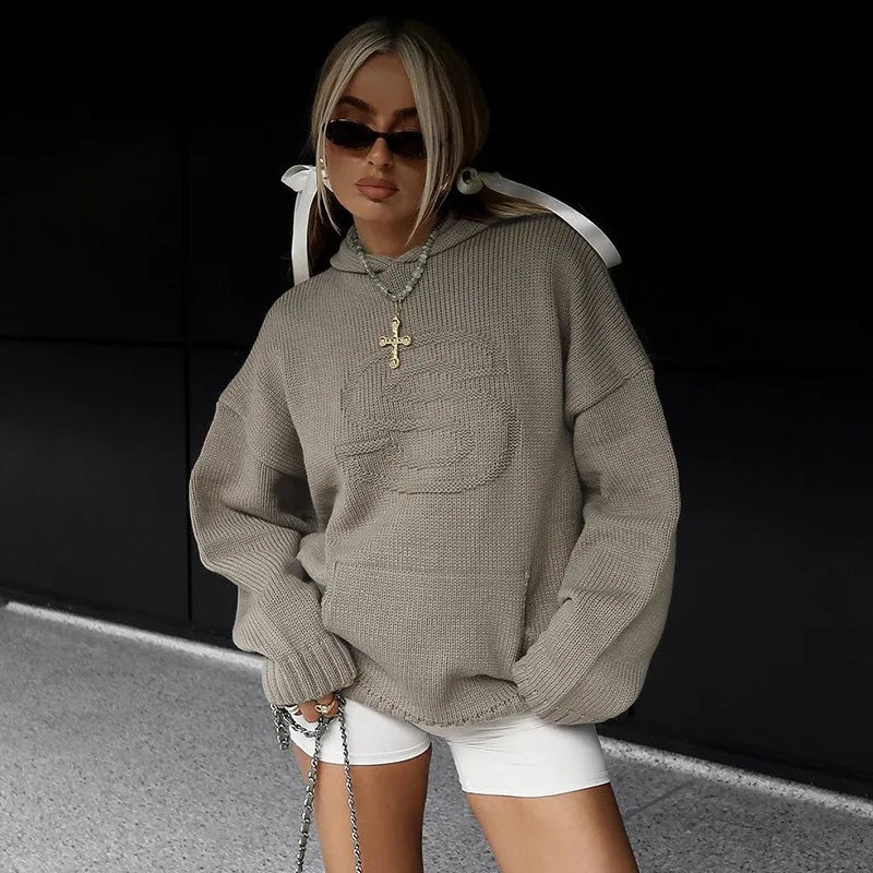 Loose Fit Knitted Gray Hooded Pullover