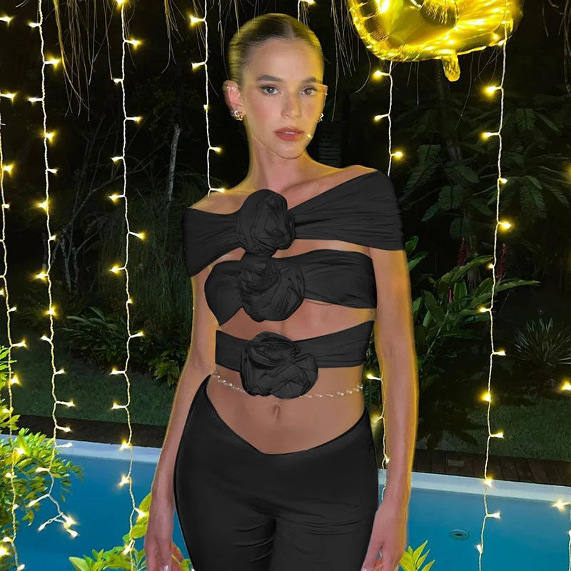 Floral Hollow Out Applique Off Shoulder Crop Top
