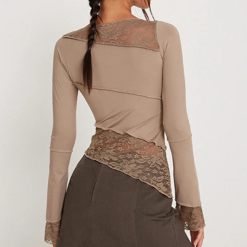 Lace Patchwork Irregular Long Sleeve Top