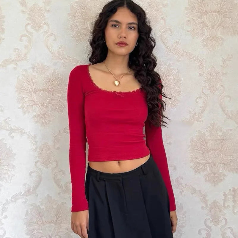 Ribbed Lace Camisole Long Sleeve Top