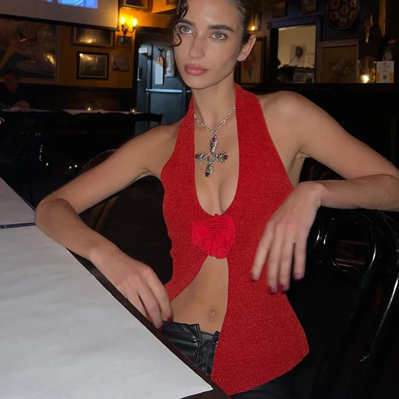 Split Front Backless Halter Top