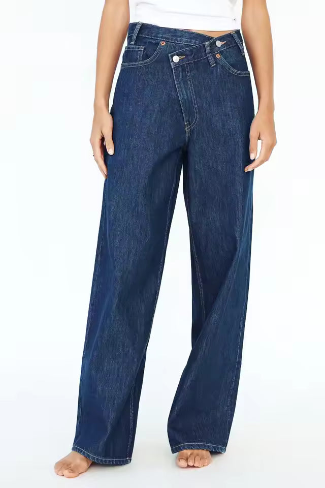 High Rise Baggy Cross Over Jeans in Dark Blue