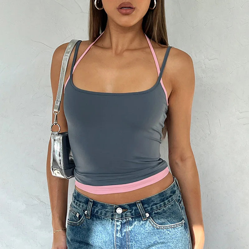 2000s Double Camisole Backless Halter Top