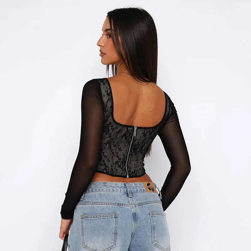 Floral Lace Low Cut Long Sleeve Top