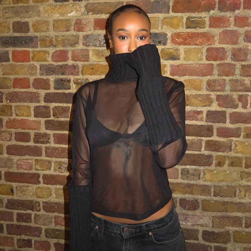 Patchwork Knit Mesh Turtleneck