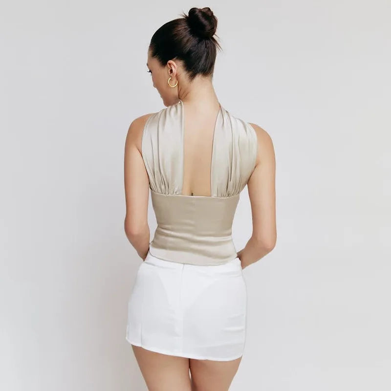 Satin Halter Backless Crop Top