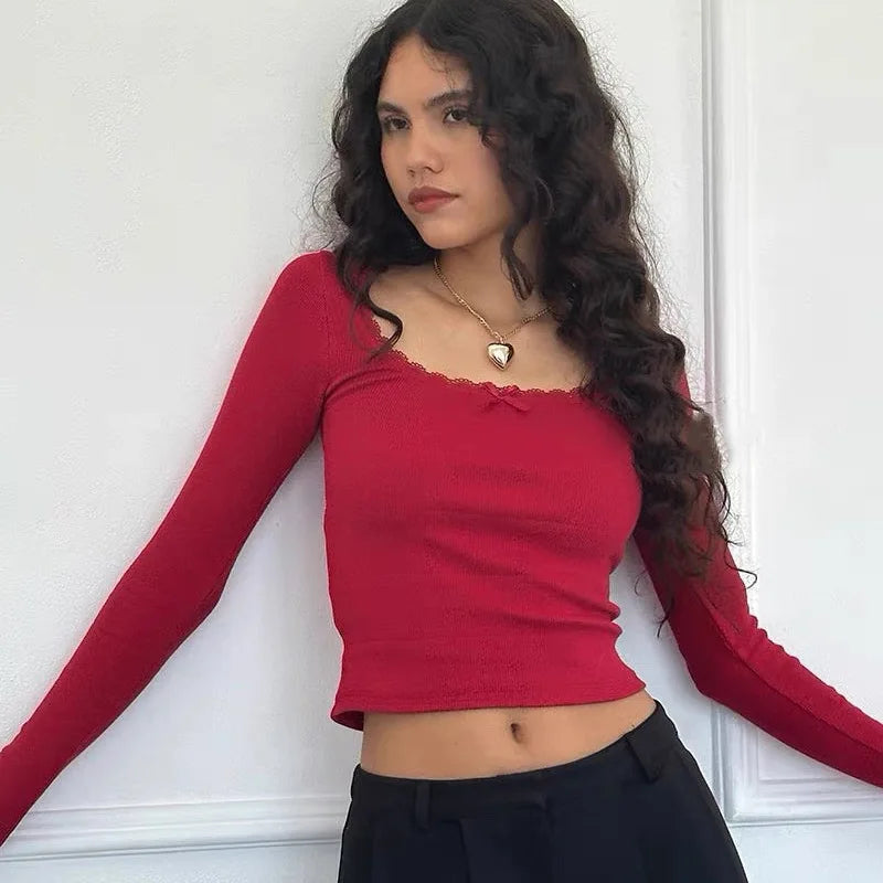 Ribbed Lace Camisole Long Sleeve Top