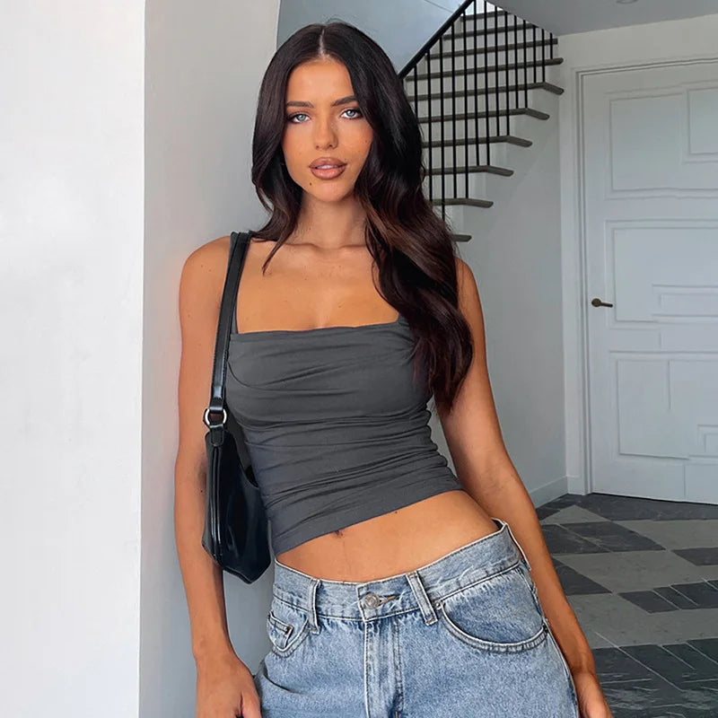 Square Neck Low Cut Ruched Crop Top