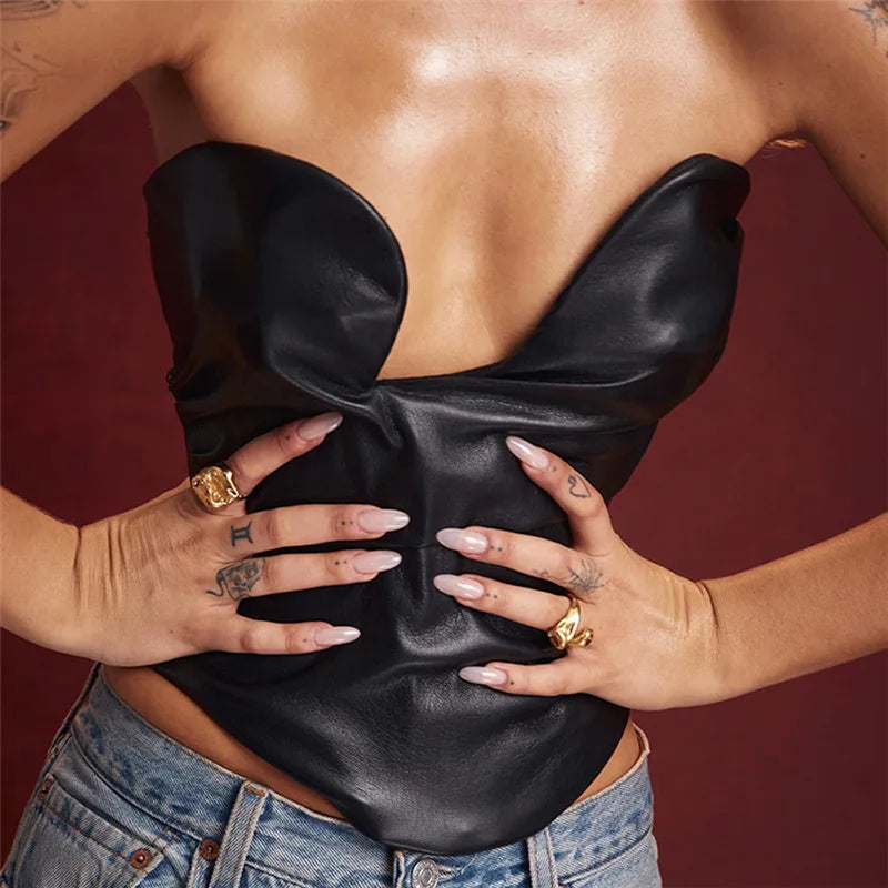 Leather Strapless Low Cut Ruched Backless Bustier