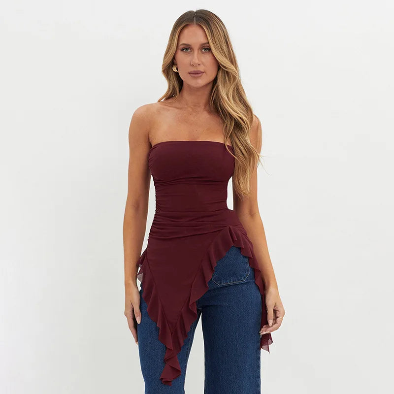 Ruffled Mesh Strapless Top