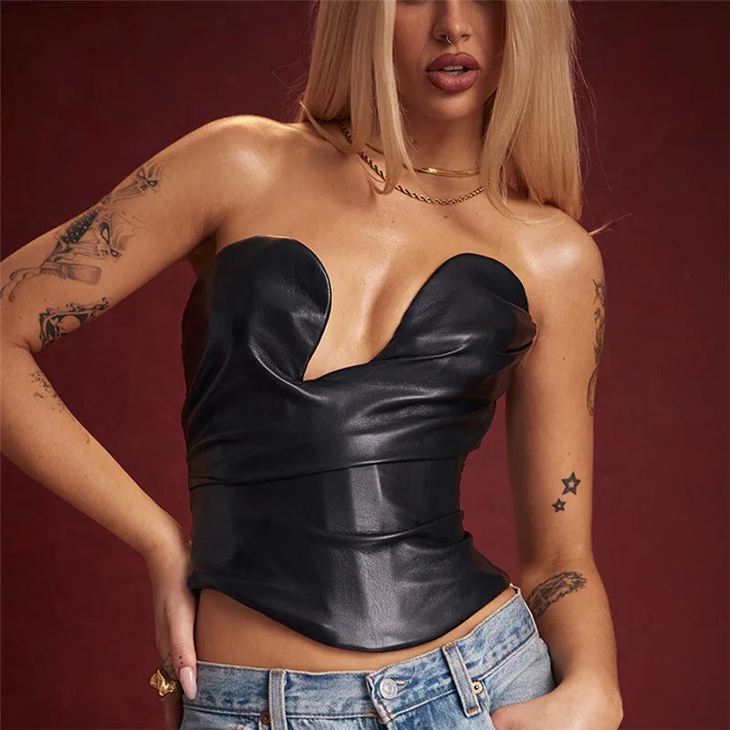 Leather Strapless Low Cut Ruched Backless Bustier