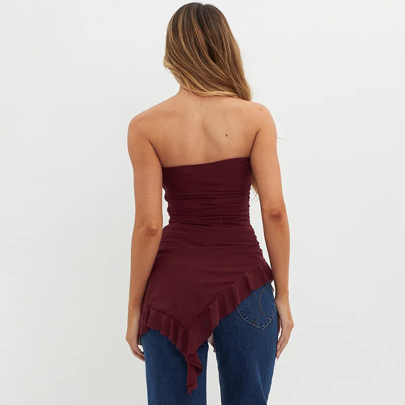 Ruffled Mesh Strapless Top