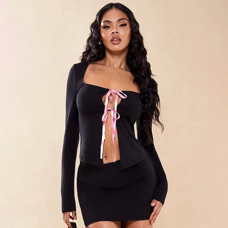 Ribbon Tie Front Long Sleeve Top