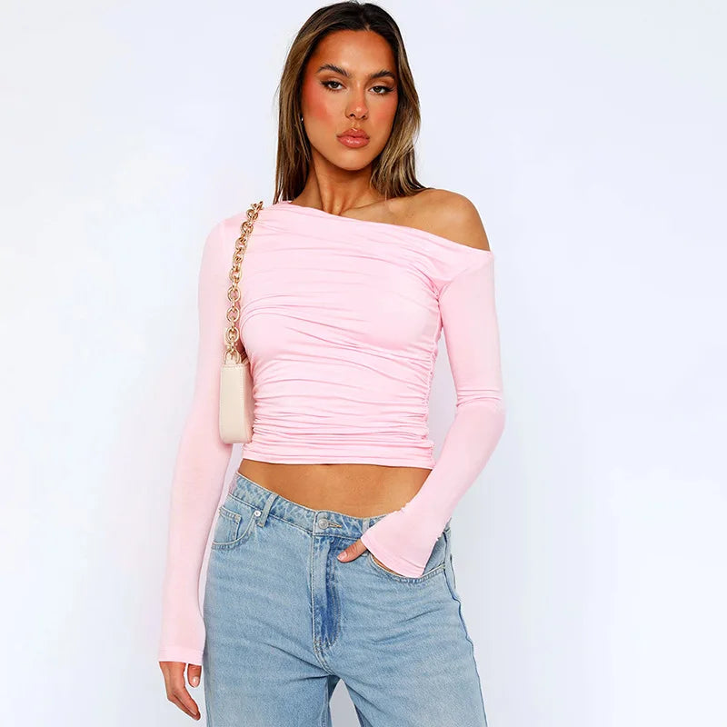 Asymmetric One Shoulder Long Sleeve Bodycon Crop Top