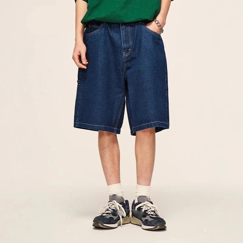 Straight Leg Denim Shorts in Washed Dark Blue