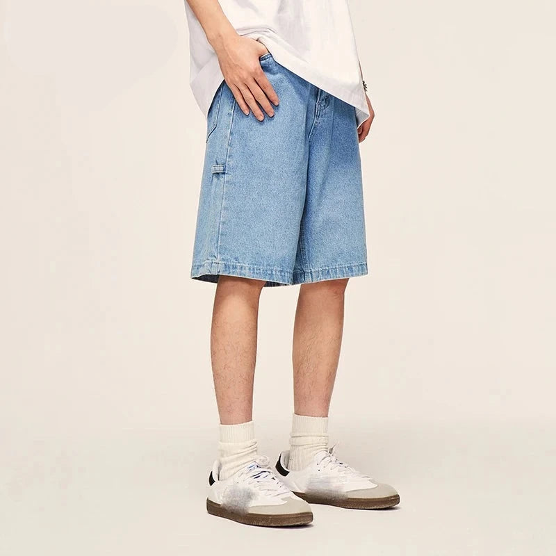 Straight Leg Denim Shorts in Washed Light Blue