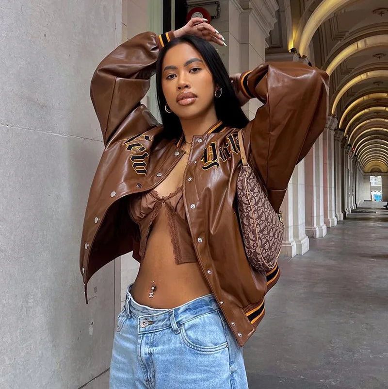 Embroidered PU-Leather Loose Fit Jacket