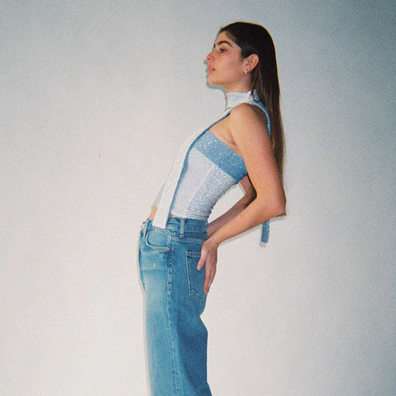 Glitter Blue Tube Top with Scarf