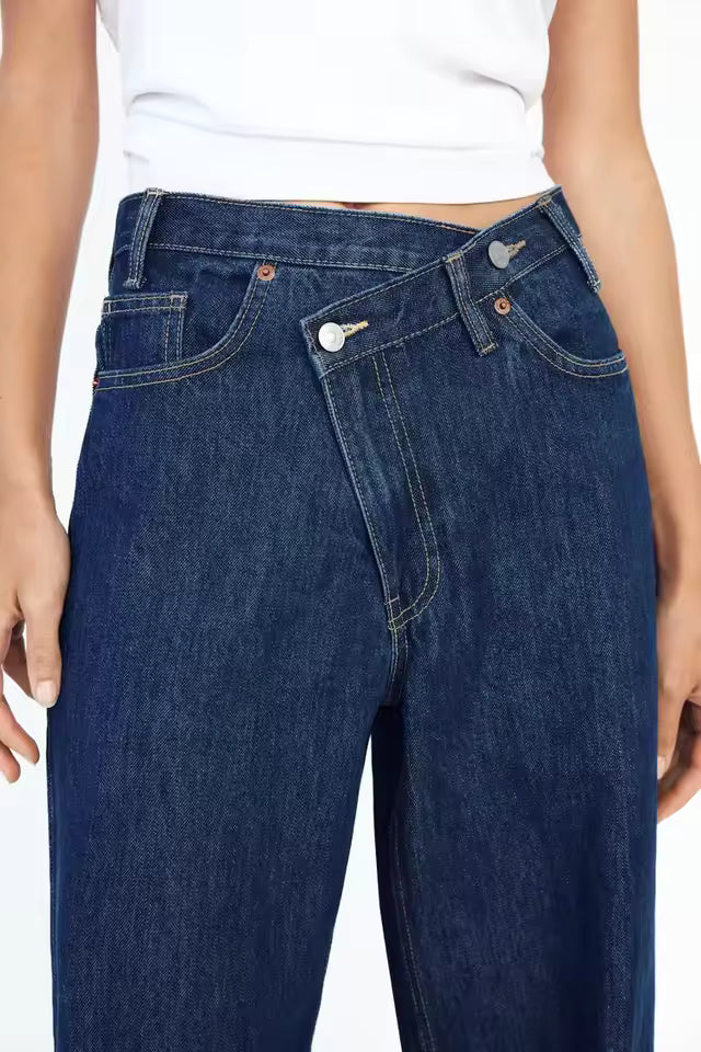 High Rise Baggy Cross Over Jeans in Dark Blue