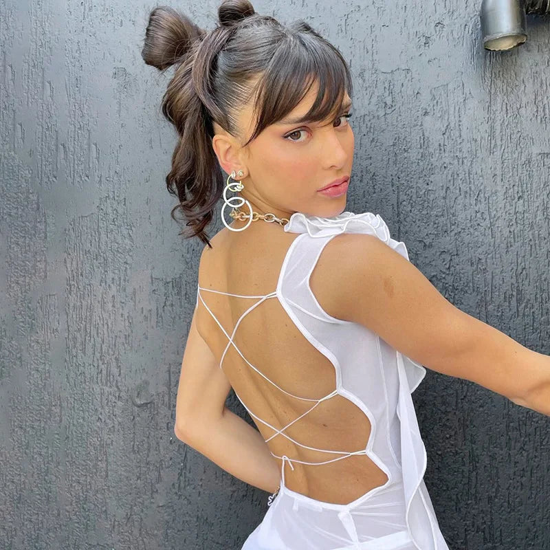 VIOLA AT BARCELONA - Ruffled White Sheer Backless Tank Top
