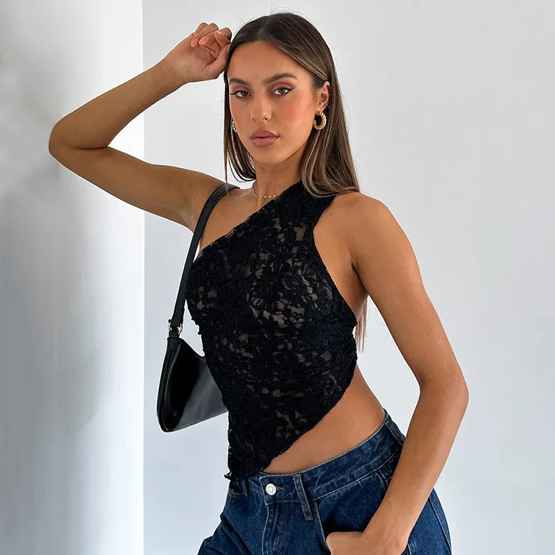 black See through one shoulder top, asymmetrical top and floral design