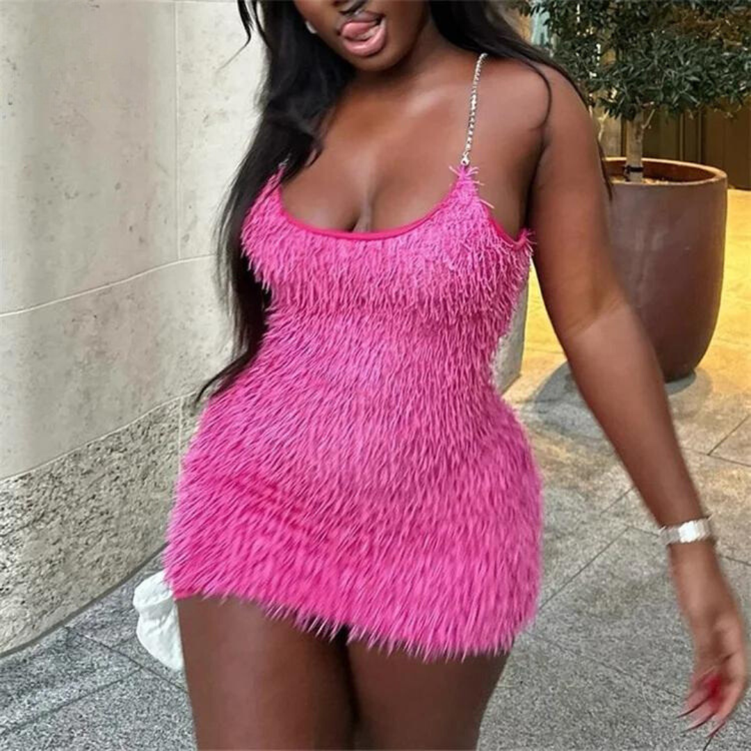 Pink Fur Spaghetti Strap Bodycon Mini Dress