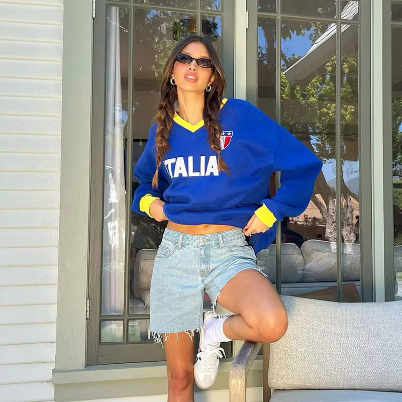 Y2K Autumn Letter Print V-neck Sweatshirt 2024 Women Casual Long Sleeved Pullover Tops Harajuku Oversized Hoodies Women Clothing