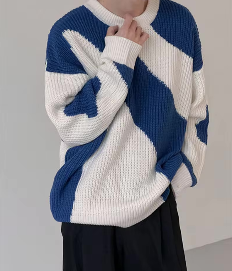 Waffle Knit Striped Oversized Sweaters, Men's Sweater, Knitted Sweater