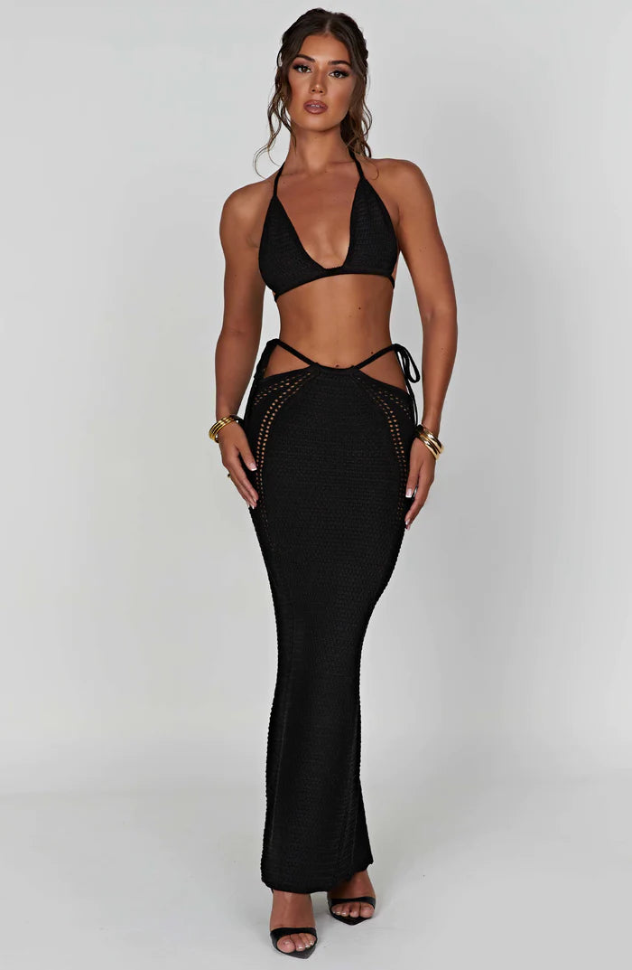 Black Halter Neck Maxi Dress with High Slit and Bodycon Fit