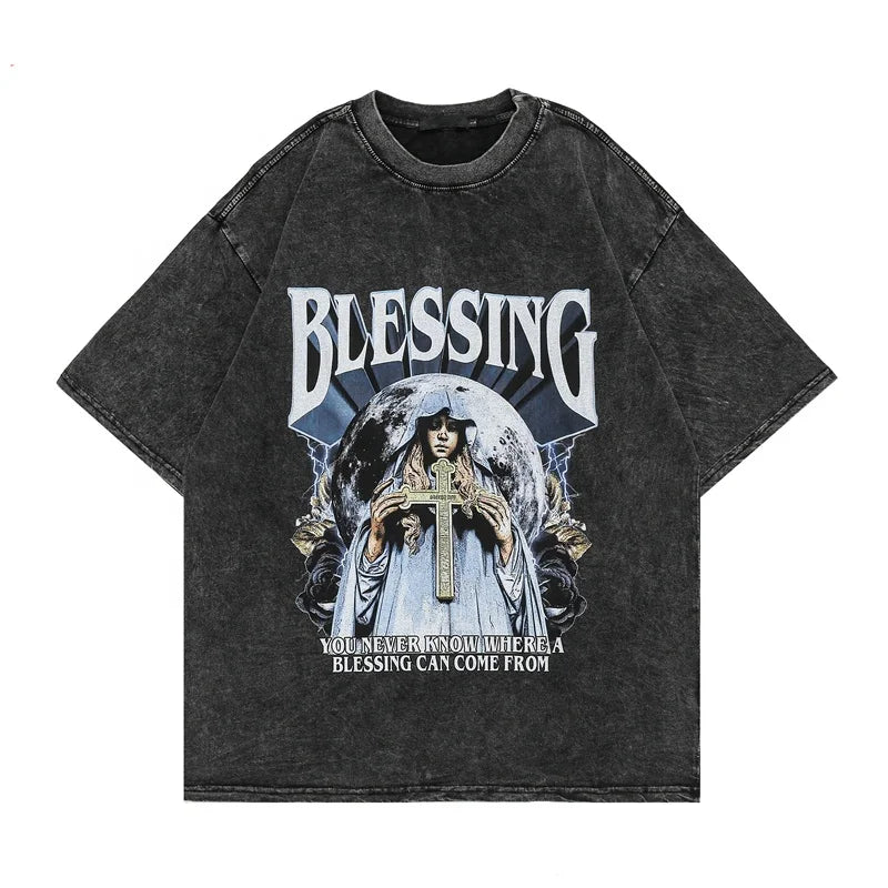 "BLESSINGS" - Crewneck Acid Wash T-shirt, oversized tshirt, summer men's tshirt