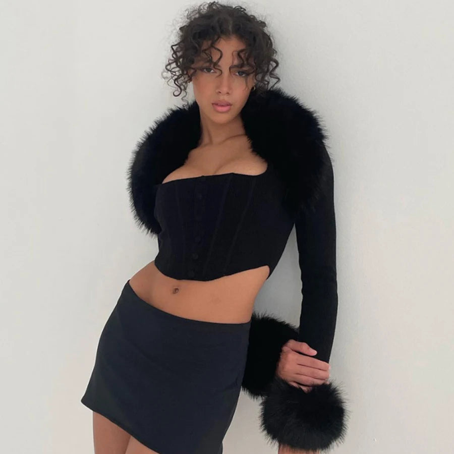 Black Faux Fur Trim Crop Top – ShopWonka