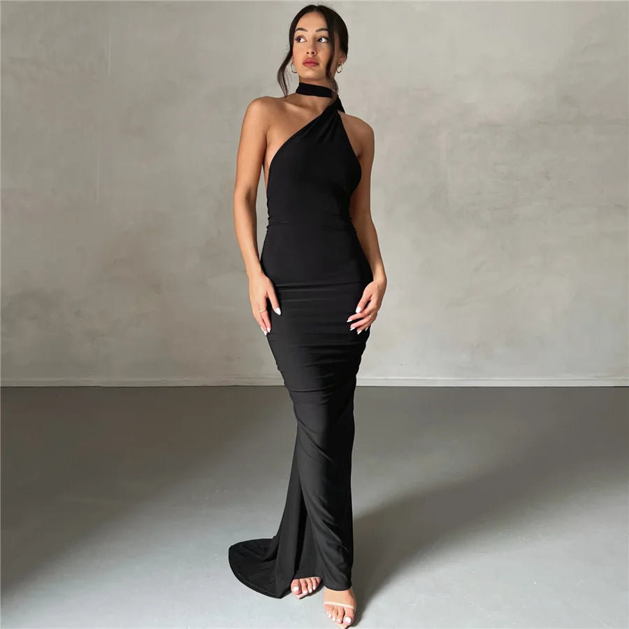 Women's Ruched Backless Long Dress, White Maxi Dress, Elegant Halter, One-piece