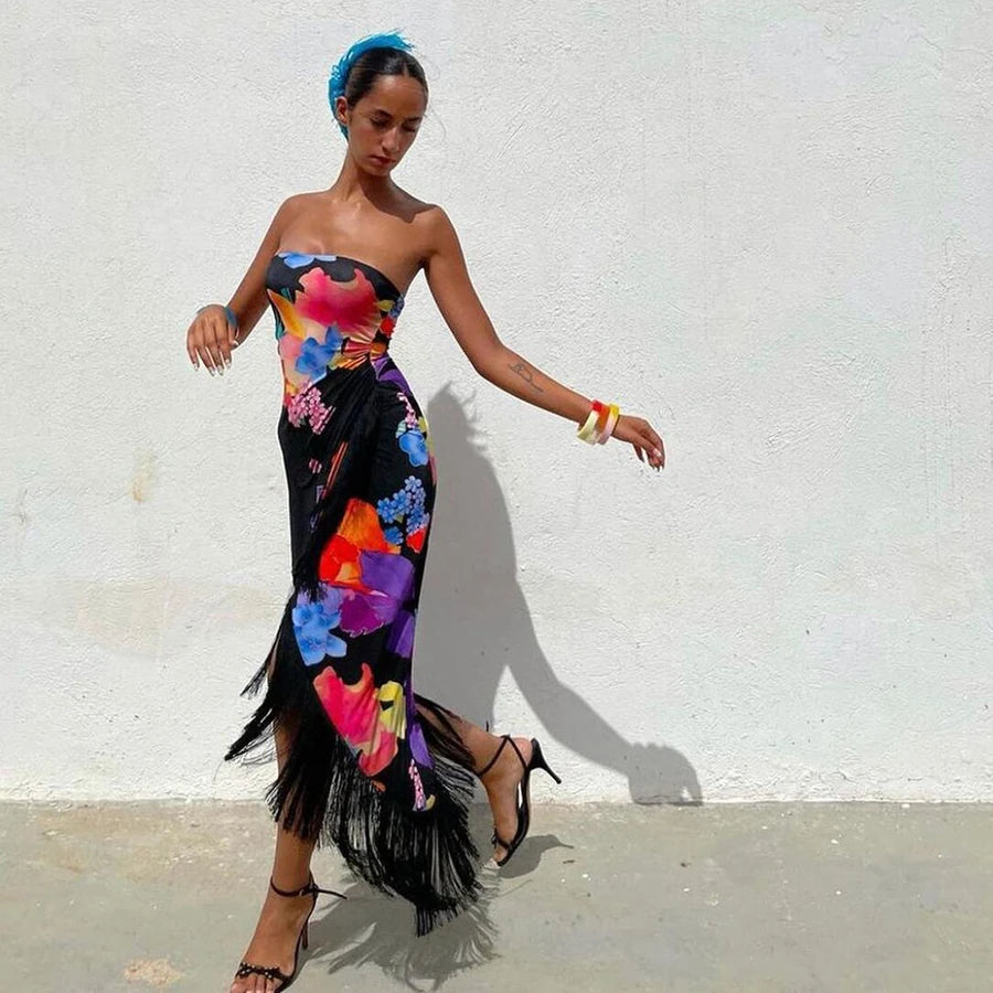 Summer Floral Maxi Dress Women Slit Wrap Dress Maxi Backless Beach Dresses Sexy Party Print Fringed Female Long Dress Skirt