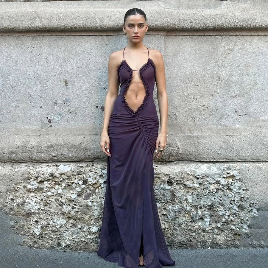 Mesh Hollow Out Sleeveless Long Dress Elegant High Waist Slit Backless Party Streetwear