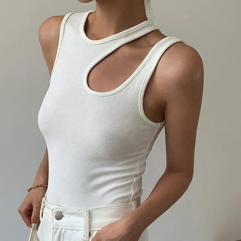 White Cut Out Women T Shirt Sleeveless Slim T Shirts Female Clothing Summer Crop Top Women